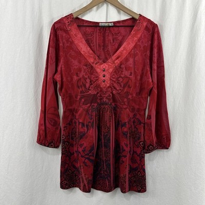 Unity World Wear Red Babydoll 3/4 Balloon Sleeve Tunic Top Womens L Art to Wear