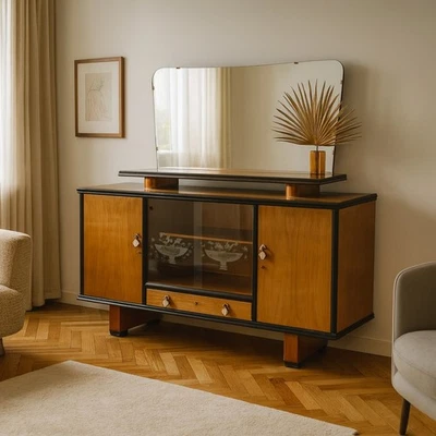 Vintage Anrichte Design mit Spiegel Walnuss Furniert der 60er Jahre - Bild 1 von 4
