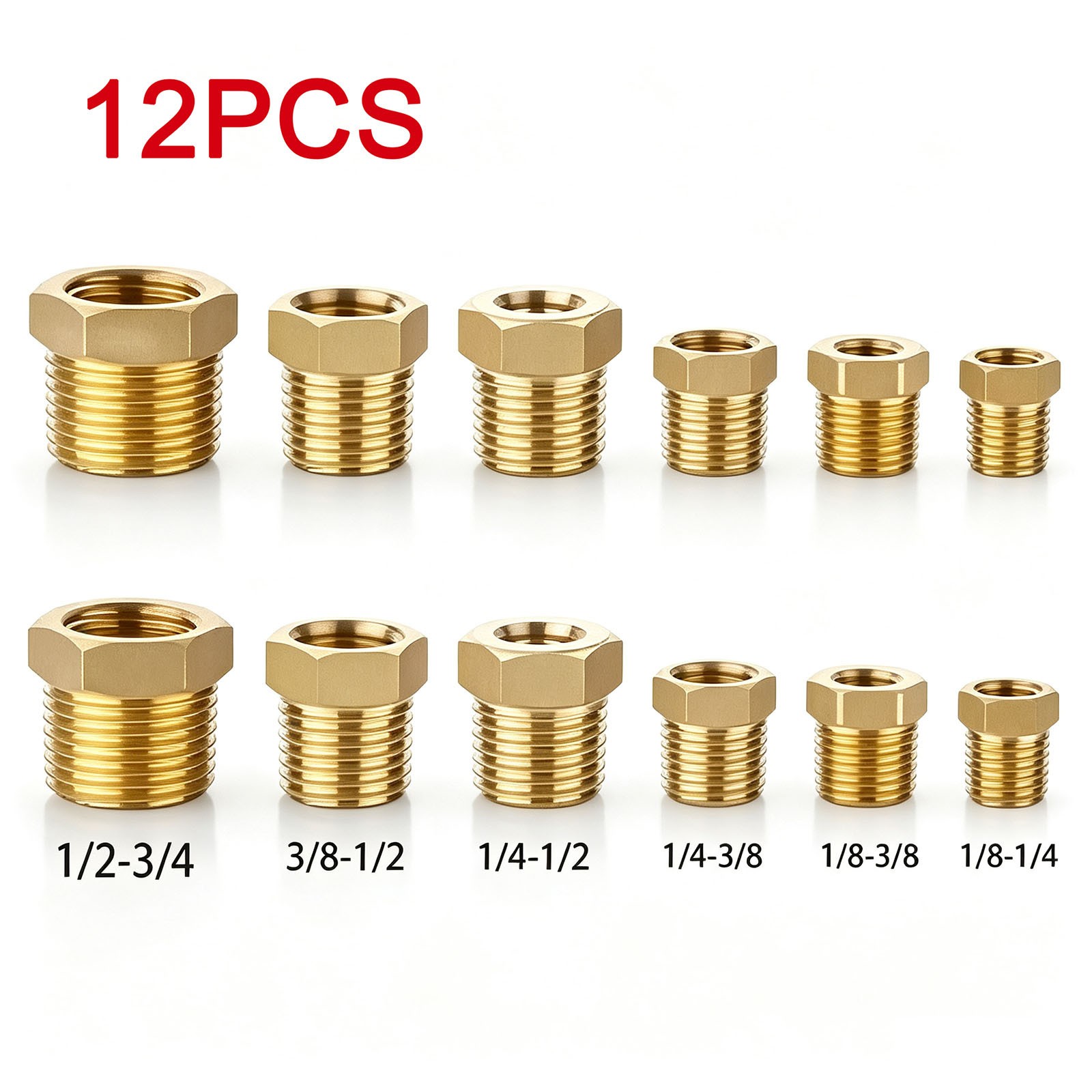 12PCS 1/8"-1/4" to 1/2"-3/4" NPT Brass Hex Reducing Bushing Adapter Pipe Reducer