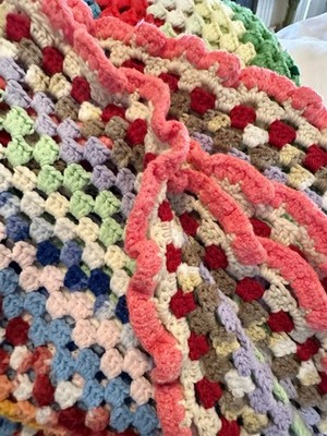 Handmade Crotchet Throw Blanket, Multicolor  62x72  Curly Border Vintage Boho