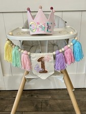 3 Piece 1st Birthday High Chair Banner, Crown,  Cake Topper- Butterfly, Rainbow