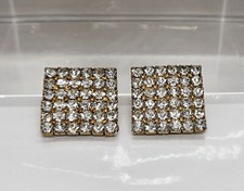 Vintage Rhinestone Clip On Earrings Gold Tone Square Design 1"
