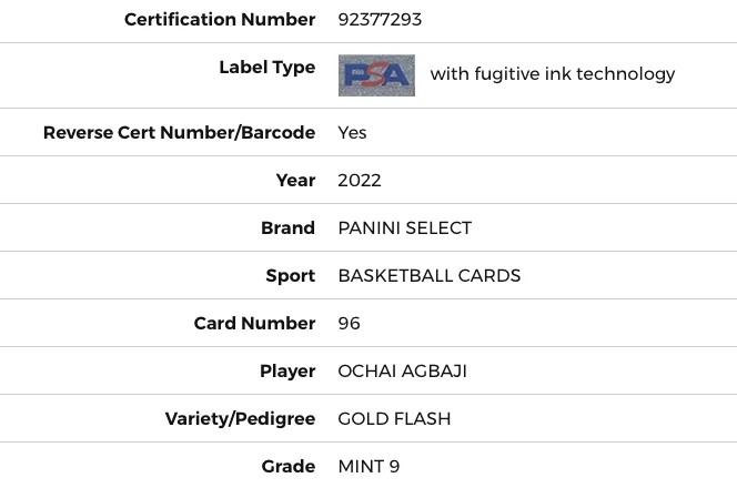 2022-23 Panini Select Ochai Agbaji Rookie 9/10 Gold Flash PSA 9 Mint - Image 3 of 3