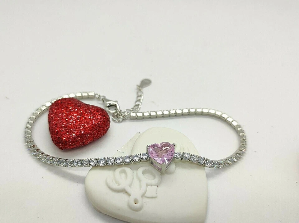 Bracciale donna tennis in argento 925 con cuore zircone rosa  - Immagine 3 di 4