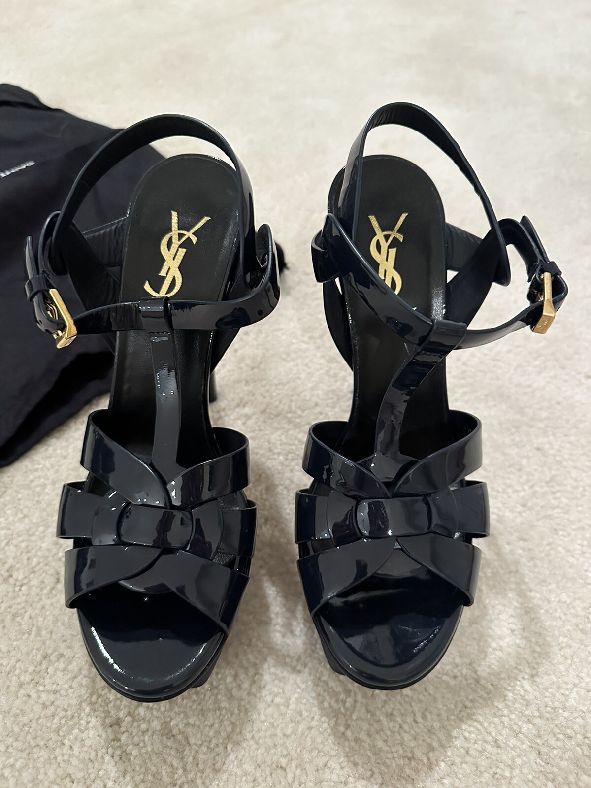 Sandali Saint Laurent Tribute in pelle verniciata 105 mm plateau colore blu navy 36 5