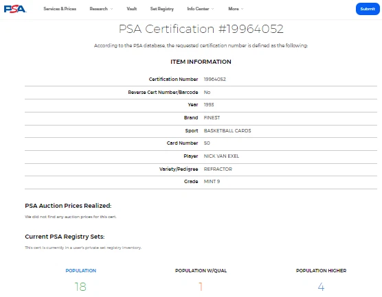 1993 1993-94 Topps Finest Refractor #50 Nick Van Exel PSA 9 Only 4 Graded Higher - Image 3 of 3