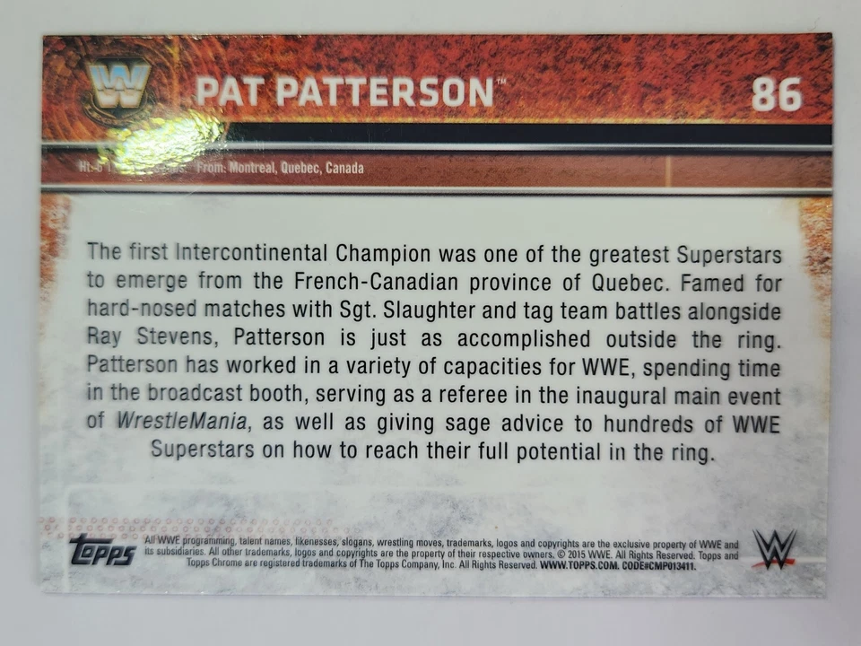 2015 Topps WWE CHROME REFRACTOR Wrestling Card #86 PAT PATTERSON - Image 2 of 2
