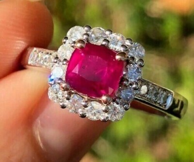 3 Ct Cushion Cut Simulated Pink Ruby Halo Engagement Ring 14k White Gold Plated