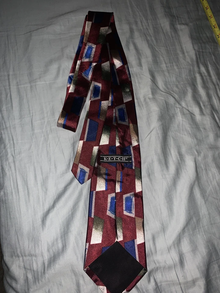 "Corbata Ketch Classic granate con patrón de paneles plateados/azules 57"" L 4"" W" Foto 2 de 3