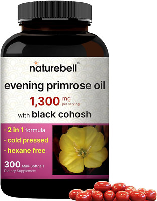NatureBell Evening Primrose Oil, with Black Cohosh, 1300mg, 300 Mini-Softgels
