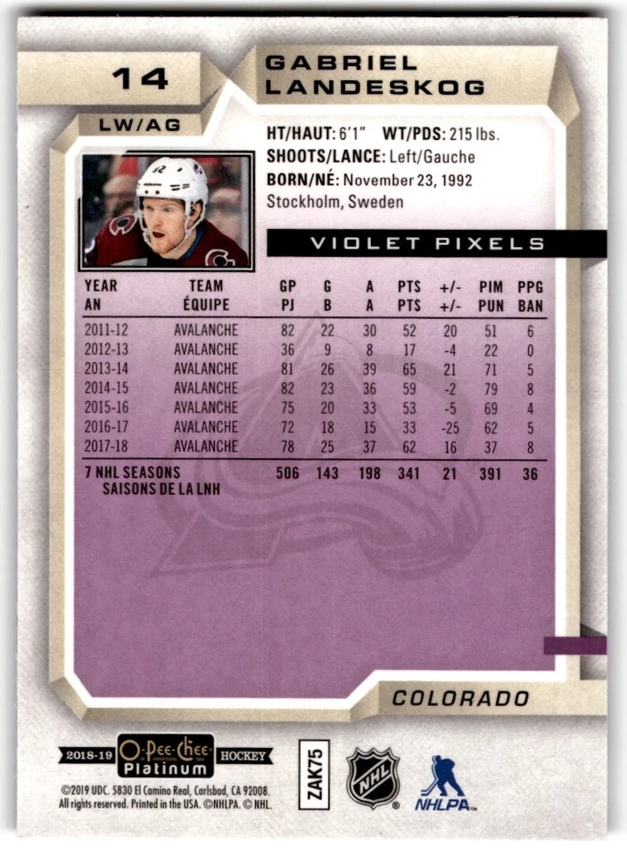 2018-19 O-Pee-Chee Platinum Violet Pixels Gabriel Landeskog #14 Colorado - Image 2 of 2