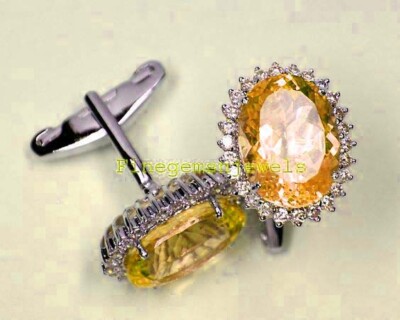 Natural Citrine & CZ Gemstones with 925 Sterling Silver Cufflinks for Men's #85N