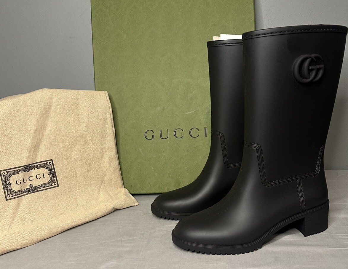 Gucci Double G Rubber Rain Boots Black Women's Sz 39 (US 9 Gucci Double G Rubber Rain Boots Black Women's Sz 39 (US 9