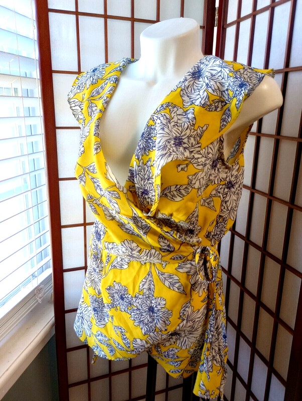 JAPNA yellow floral wrap blouse- size S