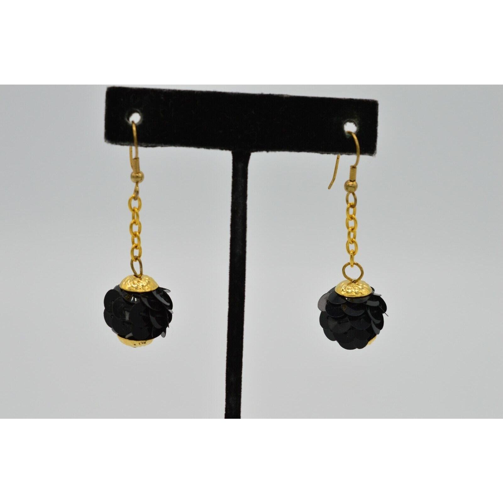 Vintage Statement Earrings Drop Dangle Black Sequ… - image 1