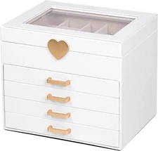 White 5-Layer Leather Jewelry Box Watch Jewelry Organizer Kendal with Glass Lid