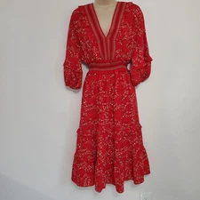 Max Studio NWT Red Floral Tiered Midi Peasant Gypsy Boho Feminine Festival Flirt