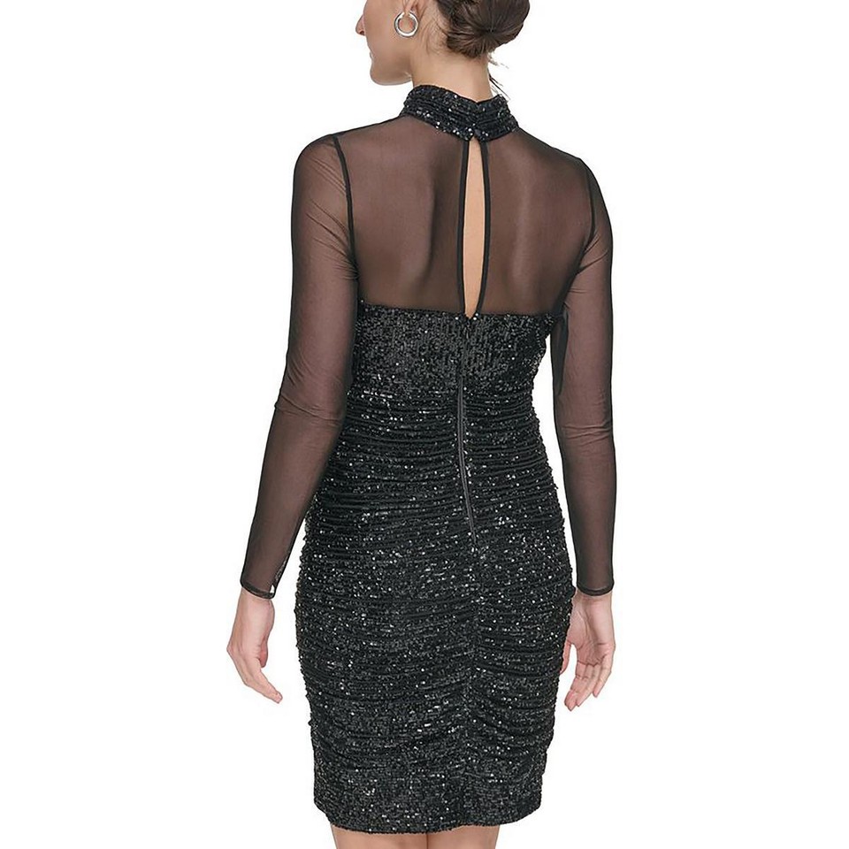 DONNA KARAN NEW YORK Womens Black Sequined Lined Zippered Sleeveless Halter Knee Length Party Sheath Dress main image 0