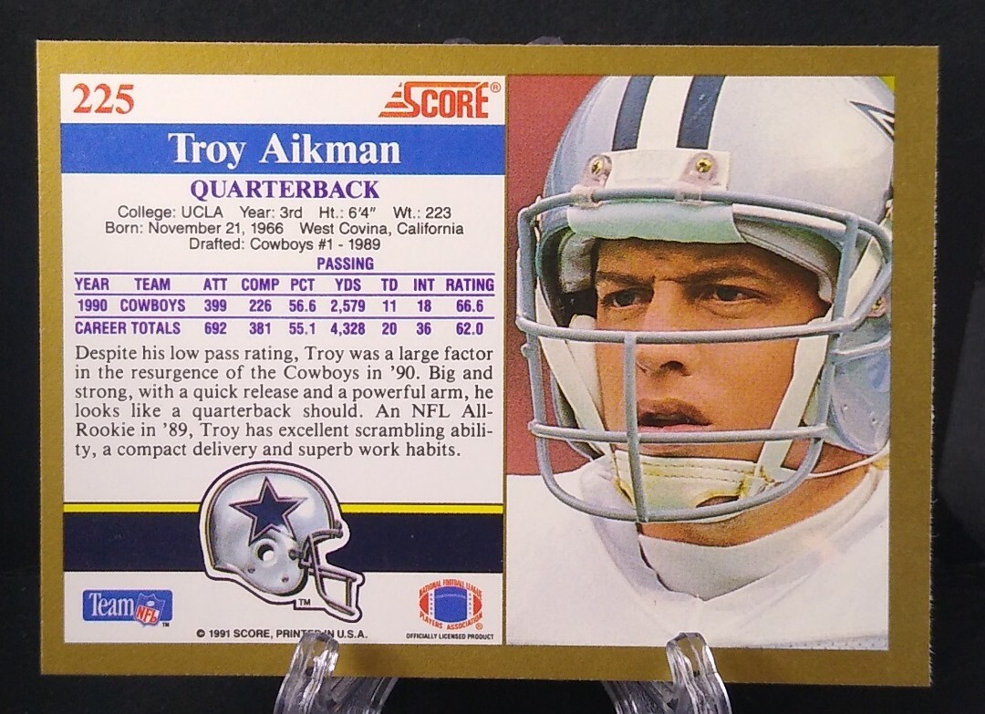 Troy Aikman #8 QB Dallas Cowboys 1991 SCORE FOOTBALL Card #225 EX