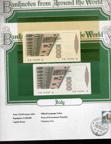 World Banknotes Italy 1000 Lire 1982 UNC P-109a Prefix CB suffix Q Consecutive - Picture 1 of 3