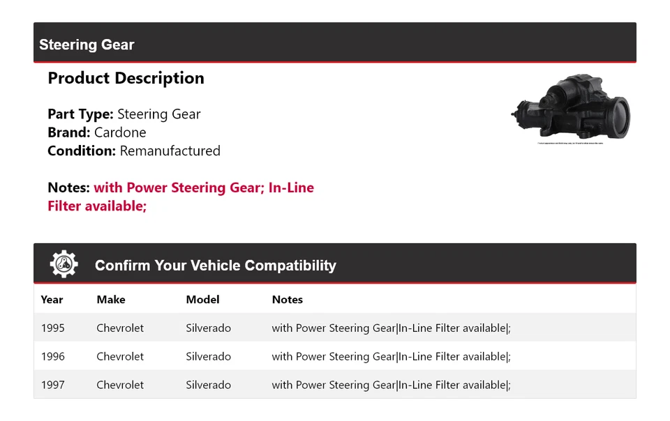 Para Chevrolet Silverado 1995-1997 engranaje de dirección Cardone 1996 Foto 2 de 4