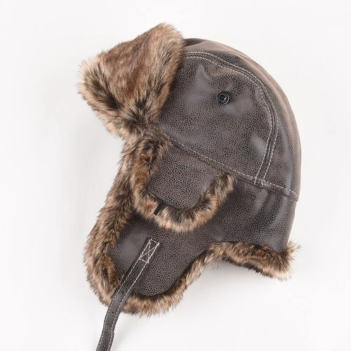 Men Russian Faux Leather Fur Hat Aviator Trapper Hat Winter Ski Ushanka Earflap - Picture 4 of 13