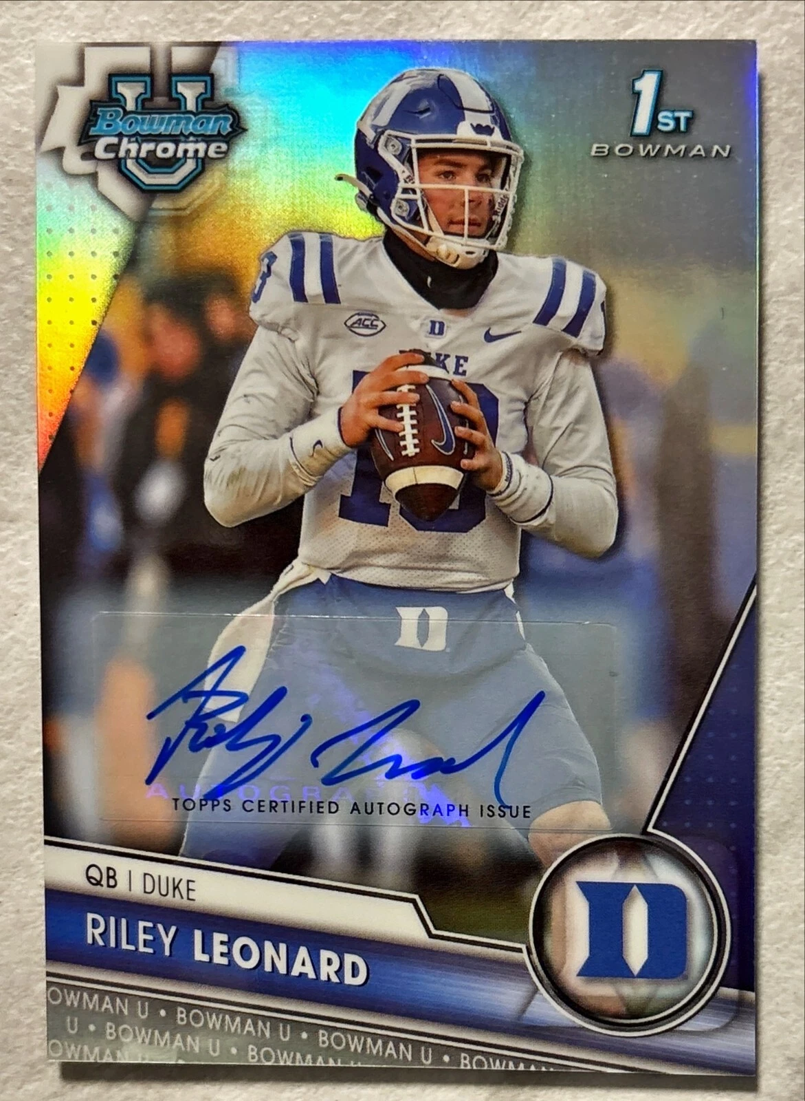 Riley Leonard 2023 Bowman Chrome University #6 Refractor Auto /499 1st Rookie