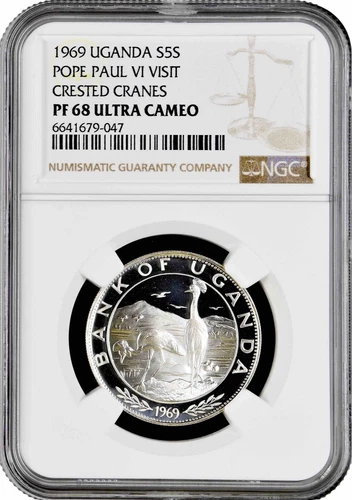 Uganda 5 shillings 1969, NGC PF68 UC, "Visit of Pope Paul VI - Crowned cranes"