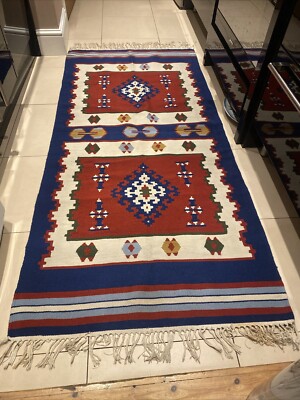 Türkischer Kelim Teppich echt Flachgewebe Wolle Vintage blau rot 93 cm x 201 cm