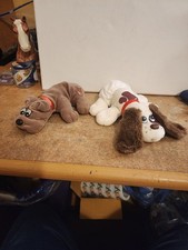 2 Vintage Pound Puppies Newborn 1986 Tonka Plush Stuffed Puppy Black White Brown