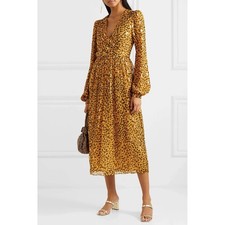 Saloni Camille Dress Leopard Print Silk Midi Long Sleeve Gold Accents Sz 4 US