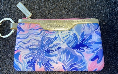 Lilly Pulitzer Key ID Coin Purse Blue & Hot Pink Coin Wallet Card Key Ring New