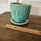 Vintage McCoy 4" Turquoise Pottery Planter w/Attached Saucer Sand Dollar Pattern