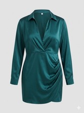 Elegant Teal Ruched Satin Occasion Dress - Size XXL