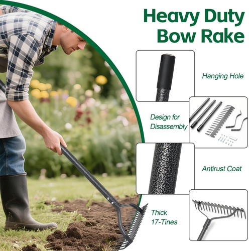 Bow Rake, Heavy Duty Metal Garden Rake for Looseing Soil, Leveling Lawn and C... - Foto 4 di 7