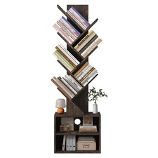 6 Tier Tree Bookshelf, Wood Bookcase with Storage Cabinet, Modern Tall Narrow...
