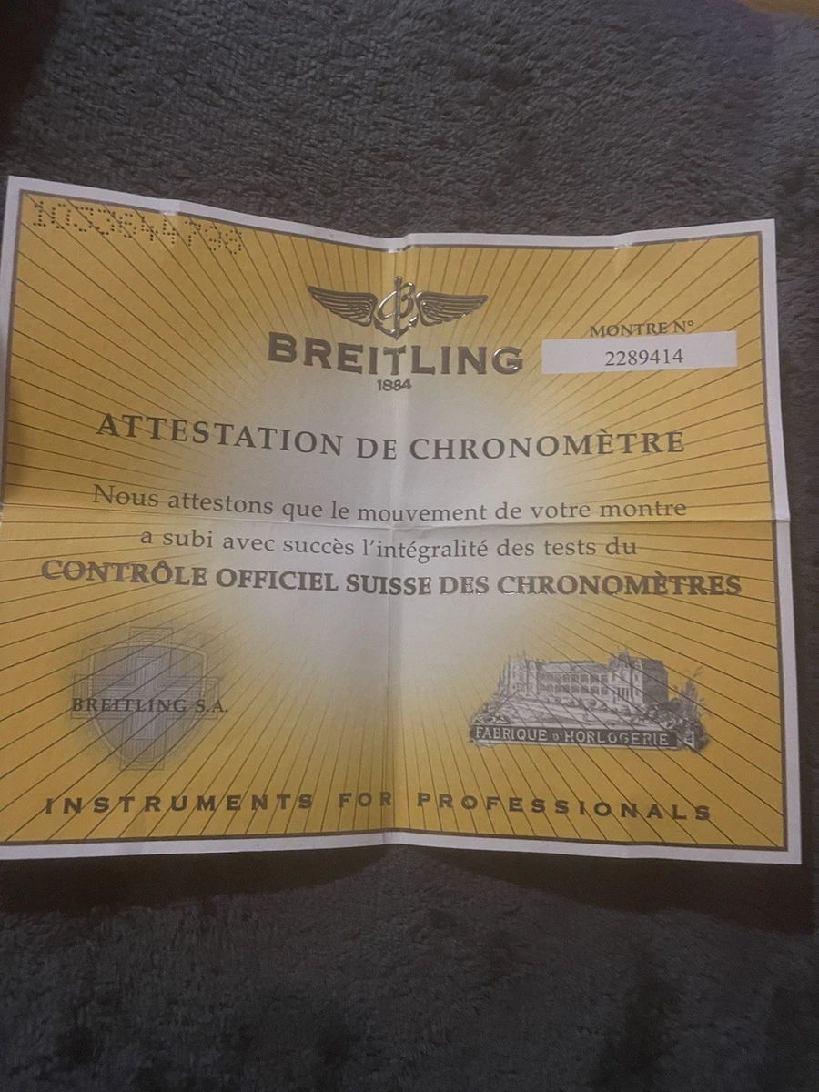 Certificado de cronómetro Breitling original (Attestation de Chronomètre)
