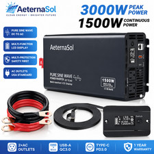 1500W Pure Sine Wave Inverter 12V DC to 110V AC Converter 3000W Peak Solar Power