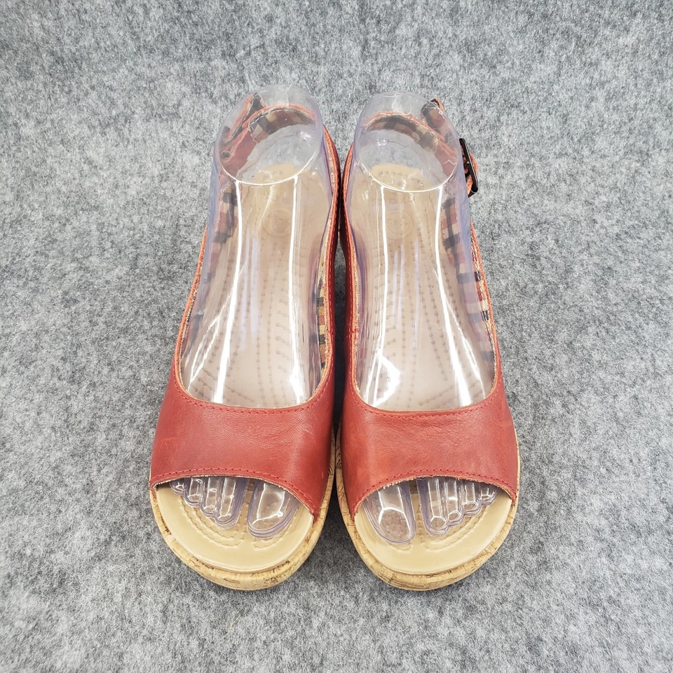 Sandalias de cuña Crocs para mujer A Leigh de corcho con cordones de cuero rojo peep-toe talla 7 Foto 3 de 4