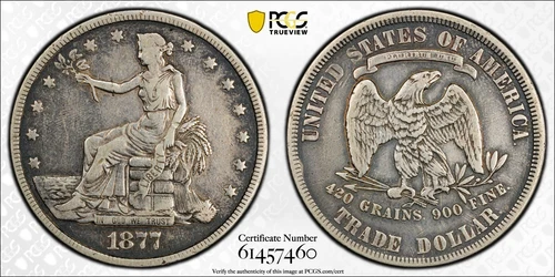 1877 P Trade Dollar- PCGS Genuine Cleaned- VF Details