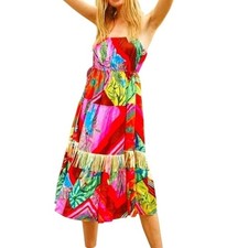 Farm Rio Palila Midi Dress XS Red Pink Tropical Fringe Patchwork Boho Resort