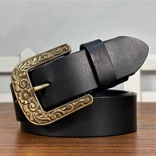 Real Leather Waist Belt Retro Carving Flower Solid brass Buckle Unisex Punk Belt