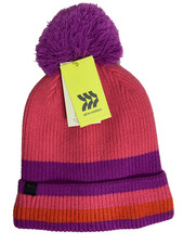 All In Motion Girls Fleece Lined Striped Cuff Pom Beanie Pink/Purple One Size