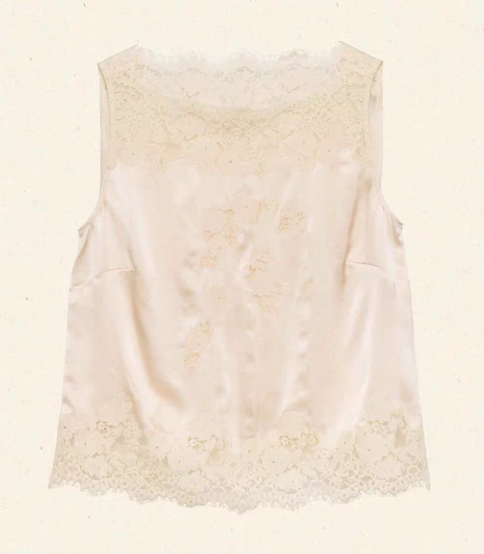 Doen lace patchwork silk vest shorts set