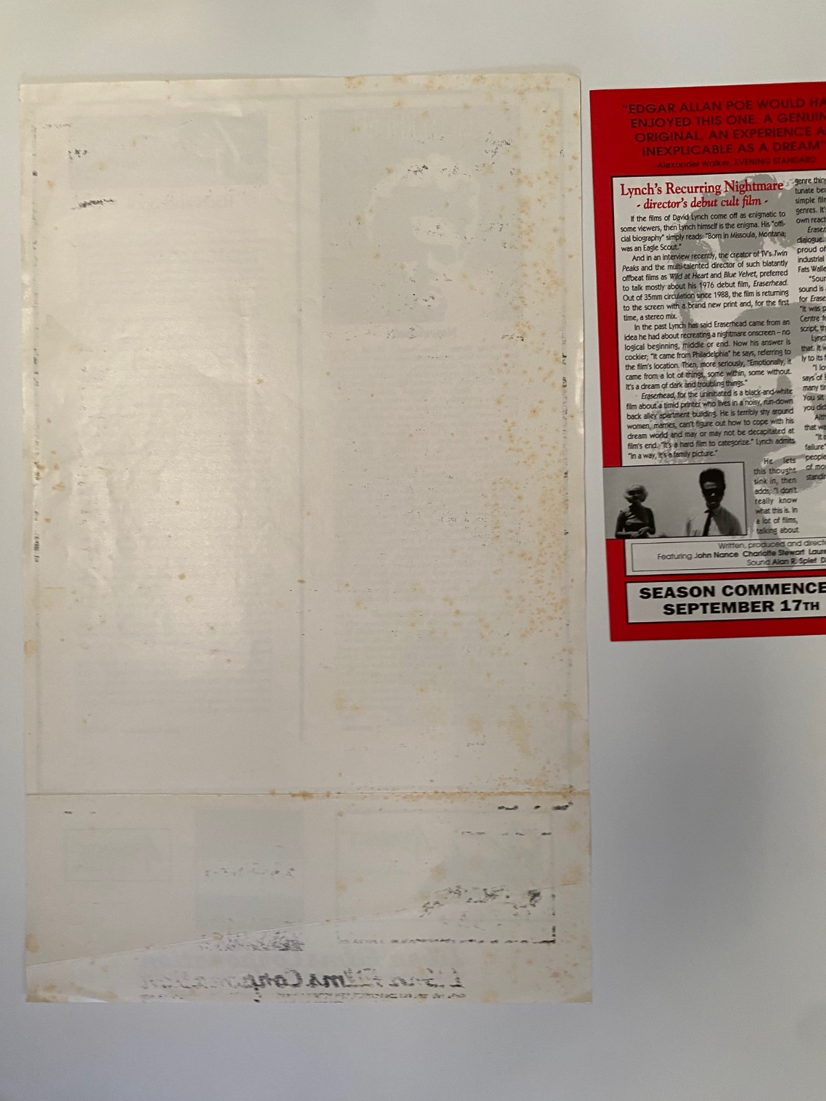 Original 1977 Eraserhead Press Kit & Australian reissue flyer David Lynch movie