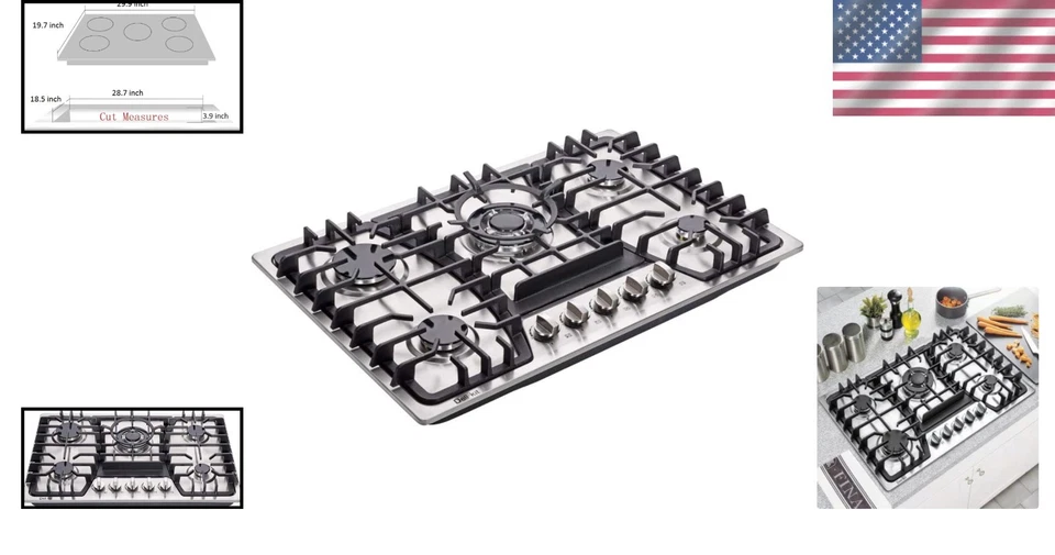 优雅的 30 英寸不锈钢燃气灶带 5 个多功能燃烧器及锅架 — 第 2/4 张图片