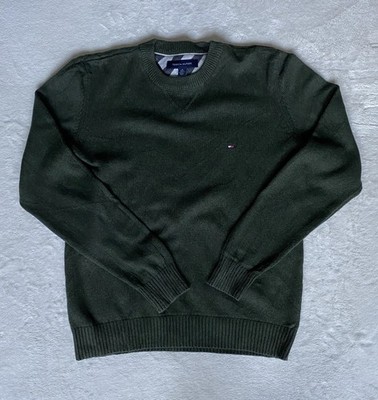 Tommy Hilfiger Herren Strickpullover M Grün Rundhals Langarm Logo Freizeit