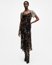 Image of AllSaints Women's Animal Print Asymmetric Midi Dress Sweetheart Neckline Size 12
