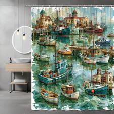 Nautical Harbor Boats Shower Curtain Coastal Harbor Art