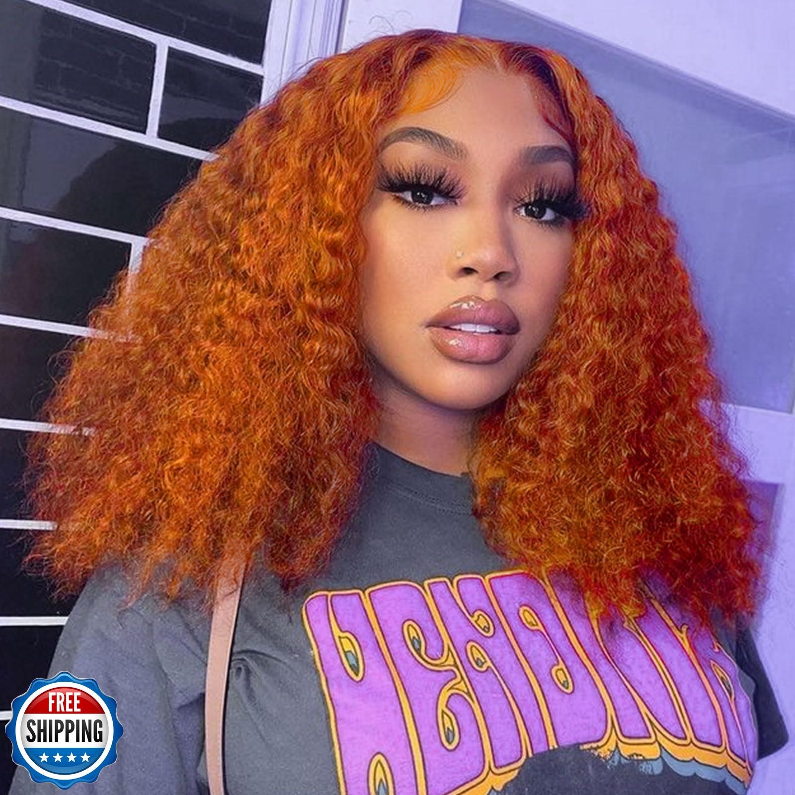 HIRIREMY Orange Ginger Lace Front BOB Wigs Human Hair Deep Wave 13x4 HD Short